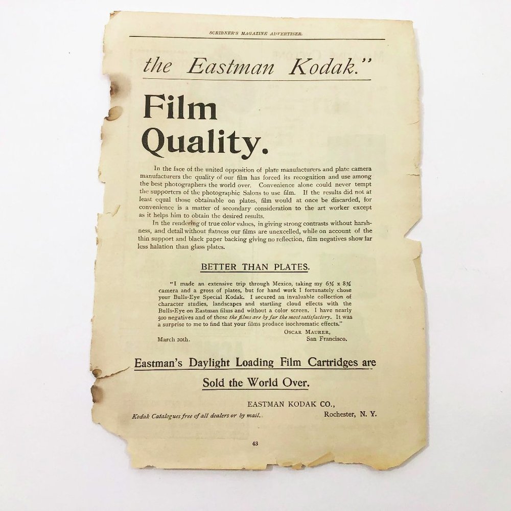 Vintage Late 1890's Advertising Page from Scribner's Magazine Kodak Film Camera